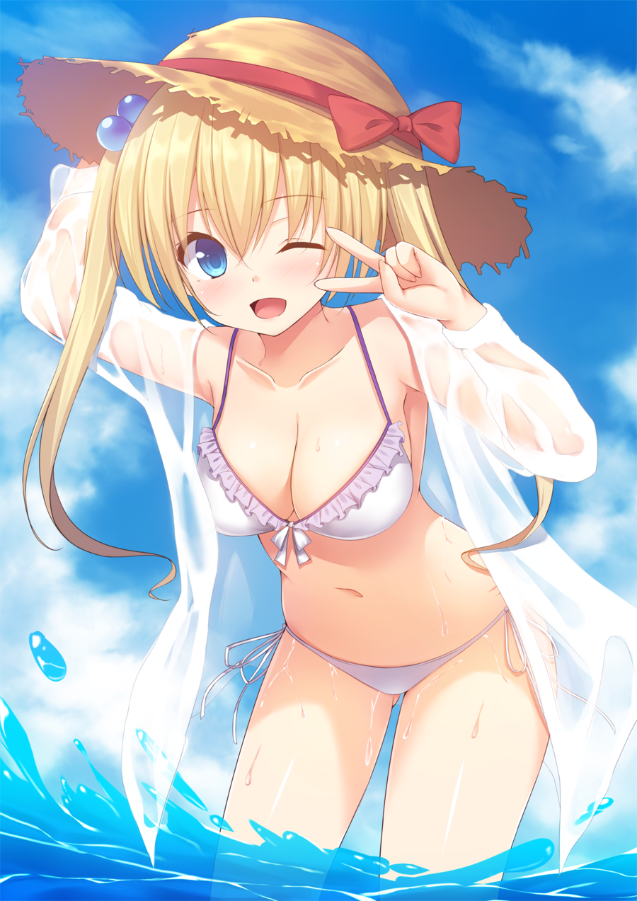 1girl ;d arm_up bangs bikini blonde_hair blue_eyes blue_sky breasts cleavage clouds collarbone commentary_request day eyebrows_visible_through_hair hair_between_eyes hair_bobbles hair_ornament hat highres jacket leaning_forward long_hair long_sleeves looking_at_viewer medium_breasts moe2018 ocean one_eye_closed open_clothes open_jacket open_mouth original outdoors rennkuu side-tie_bikini sky smile solo straw_hat sun_hat swimsuit twintails v_over_eye water wet_jacket white_bikini white_jacket