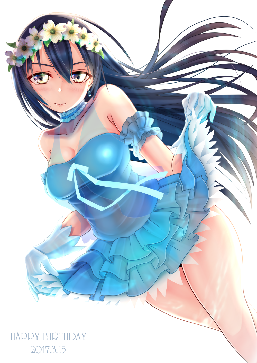1girl bangs bare_shoulders birthday blue_hair character_name choker commentary_request cowboy_shot dated dress earrings eyebrows_visible_through_hair flower gloves hair_between_eyes hair_ornament happy_birthday head_wreath highres jewelry long_hair looking_at_viewer love_live! love_live!_school_idol_festival love_live!_school_idol_project simple_background skirt skirt_hold smile solo sonoda_umi white_background white_gloves yellow_eyes yume_no_tobira zakuro0508