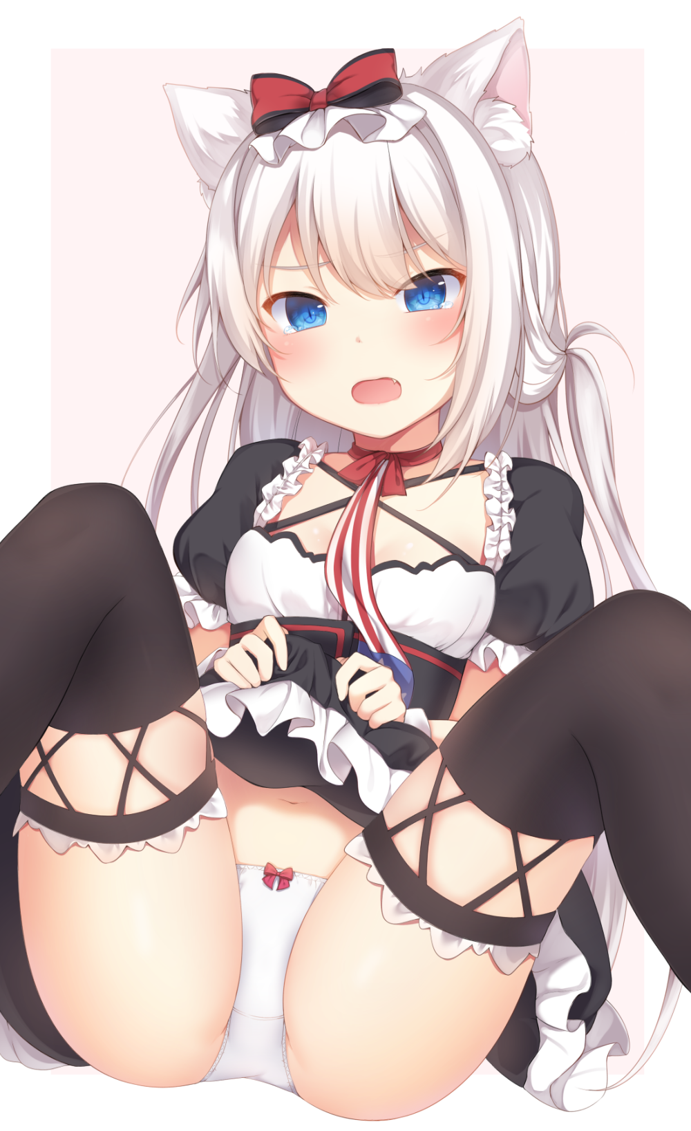 1girl amashiro_natsuki animal_ears azur_lane bangs black_dress black_legwear blue_eyes blush bow bow_panties breasts cat_ears commentary_request dress dress_lift eyebrows_visible_through_hair fang frilled_dress frilled_legwear frilled_sleeves frills hair_bow hammann_(azur_lane) highres knees_up lifted_by_self long_hair looking_at_viewer navel open_mouth outside_border panties pink_background puffy_short_sleeves puffy_sleeves red_bow red_neckwear short_sleeves simple_background sitting small_breasts solo spread_legs tearing_up thigh-highs underwear very_long_hair white_background white_hair white_panties