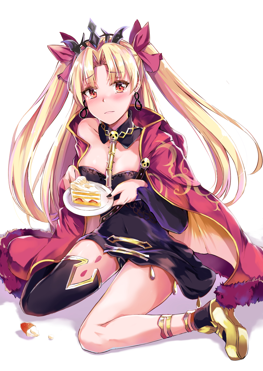 1girl asymmetrical_legwear asymmetrical_sleeves bangs bare_shoulders black_collar black_dress black_legwear blonde_hair bow breasts cake cape closed_mouth collarbone commentary_request crying crying_with_eyes_open detached_collar dress earrings ereshkigal_(fate/grand_order) eyebrows_visible_through_hair fate/grand_order fate_(series) food fur-trimmed_cape fur_trim hair_bow head_tilt highres holding holding_plate infinity jewelry konka long_hair long_sleeves medium_breasts parted_bangs plate red_bow red_cape red_eyes shoes single_sleeve single_thighhigh sitting skull slice_of_cake solo spine strapless strapless_dress tears thigh-highs tiara two_side_up very_long_hair wariza white_background