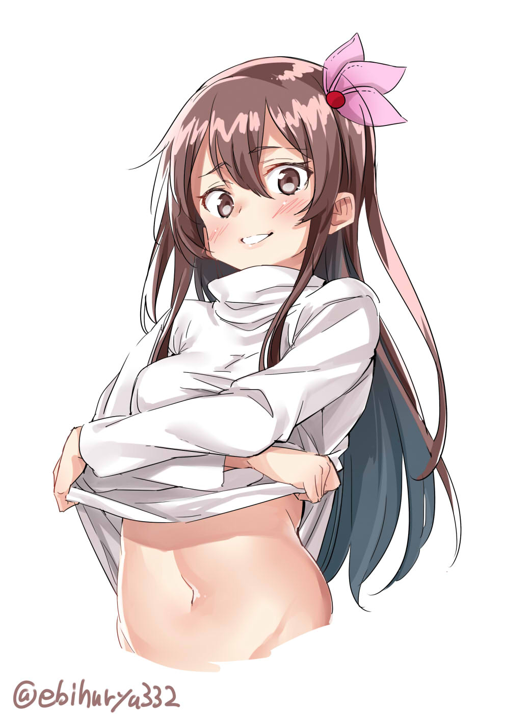 1girl blush brown_eyes brown_hair clothes_lift ebifurya hair_ornament highres kantai_collection kisaragi_(kantai_collection) long_hair looking_at_viewer simple_background solo stomach sweater sweater_lift turtleneck turtleneck_sweater twitter_username white_background