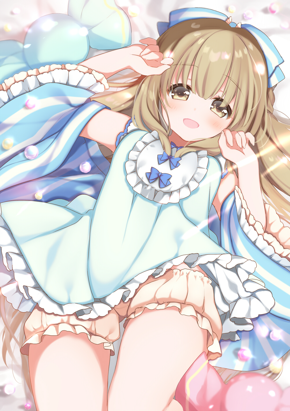 1girl ame_usari bed blue_bow blush bow brown_eyes brown_hair candy commentary detached_sleeves eyebrows_visible_through_hair food hair_bow hair_ornament highres idolmaster idolmaster_cinderella_girls japanese_clothes long_hair looking_at_viewer open_mouth pajamas sleepwear smile solo thighs yorita_yoshino