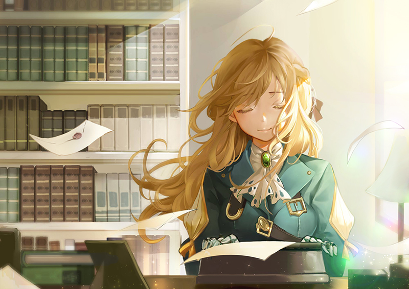 blonde_hair closed_eyes library long_hair violet_evergarden