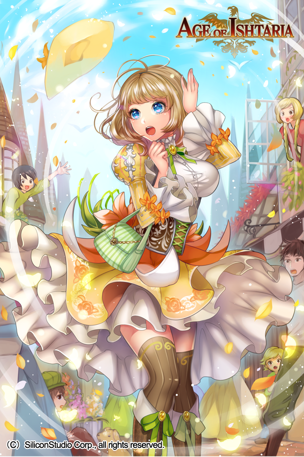1girl age_of_ishtaria balloon blonde_hair blue_eyes boots bow bowtie braid breasts brown_hair company_name copyright_name dog faceless faceless_male flower hat hat_removed headwear_removed jinchoge_(age_of_ishtaria) large_breasts leaf matsurika_youko medium_hair official_art open_mouth petals sky thigh-highs twin_braids