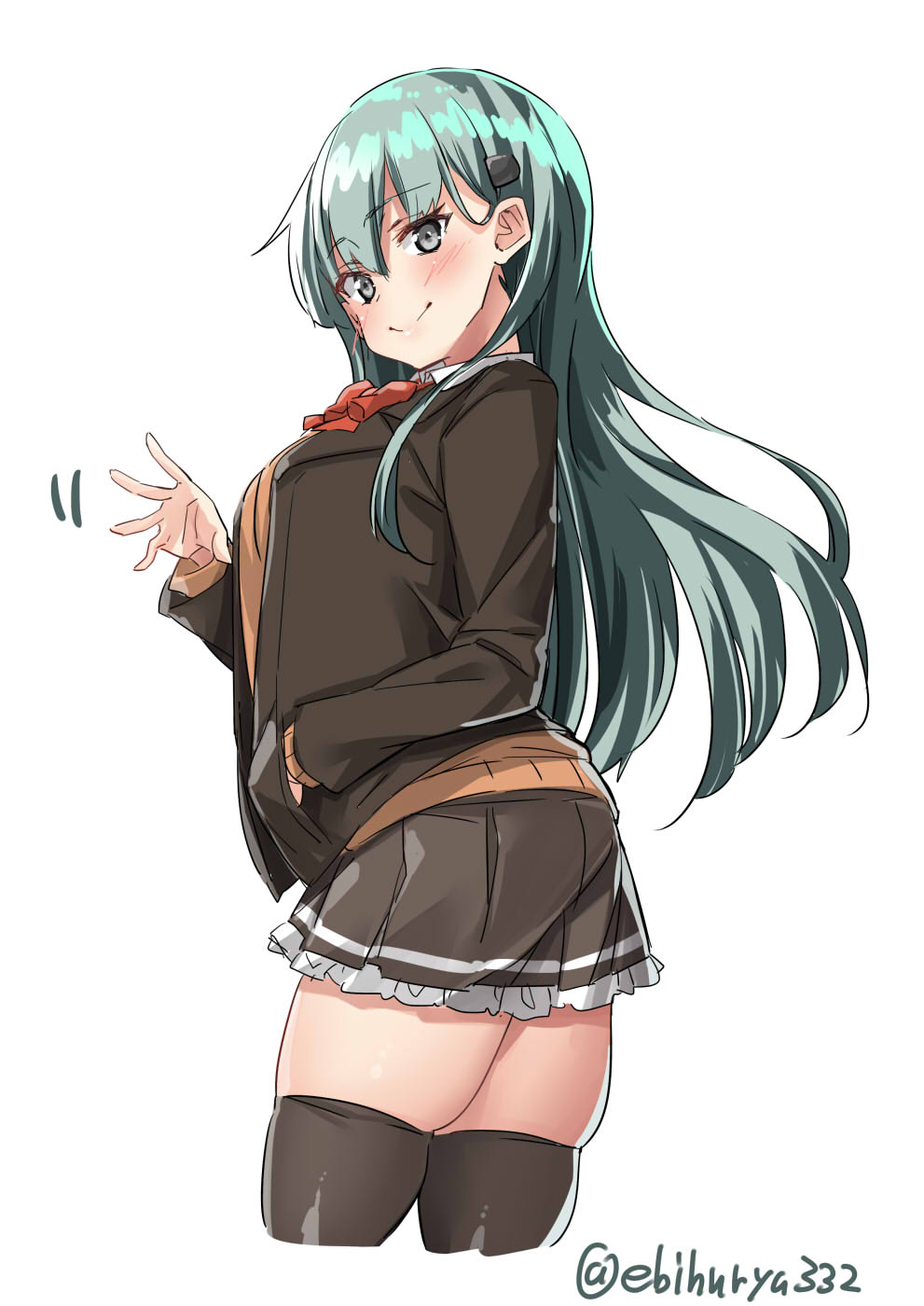 1girl aqua_eyes aqua_hair bangs black_legwear bow bowtie brown_jacket brown_legwear brown_skirt closed_mouth cowboy_shot cropped_legs ebifurya eyebrows_visible_through_hair frilled_skirt frills hair_ornament hairclip hand_in_pocket highres jacket kantai_collection long_hair long_sleeves looking_at_viewer motion_lines open_clothes open_jacket pleated_skirt red_bow red_neckwear remodel_(kantai_collection) school_uniform simple_background skindentation skirt smile solo straight_hair suzuya_(kantai_collection) sweater_vest thigh-highs twitter_username waving white_background zettai_ryouiki