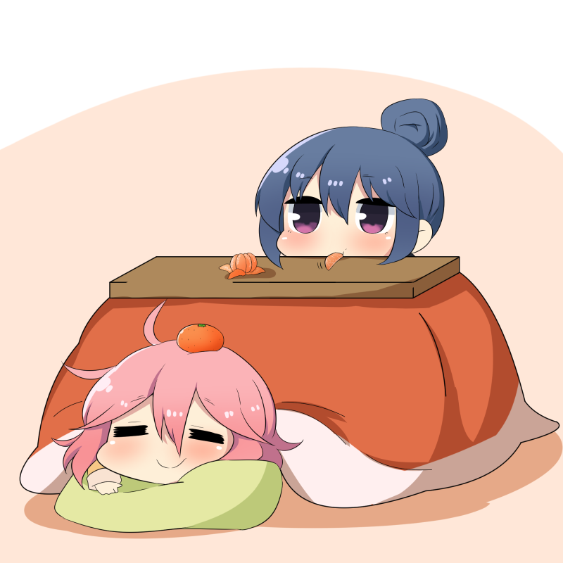 2girls =_= blue_hair blush chibi closed_mouth eating eyebrows_visible_through_hair food food_on_head fruit green_pillow hair_between_eyes hair_bun kagamihara_nadeshiko kotatsu long_sleeves lying mandarin_orange motion_lines multiple_girls object_on_head on_stomach pink_hair shima_rin sitting smile table twumi violet_eyes yurucamp