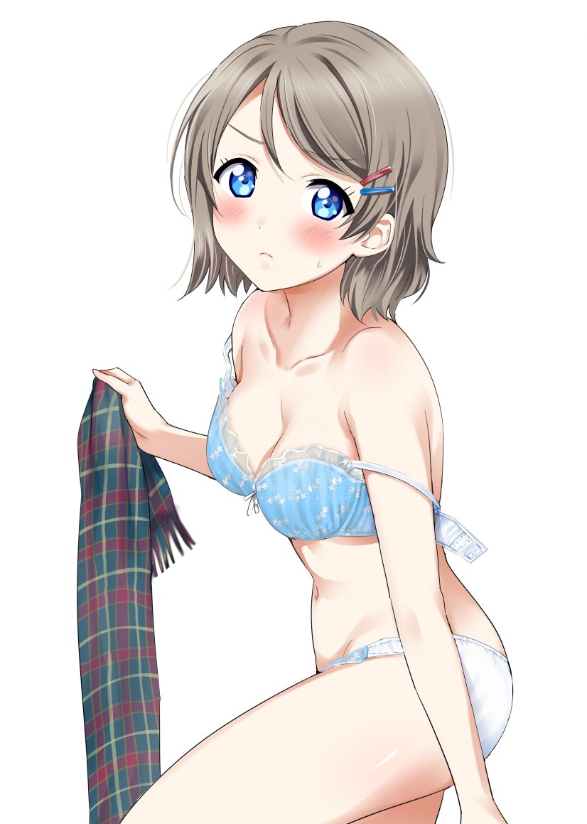 bare_shoulders blue_bra blue_eyes blush bow bow_bra bra breasts brown_hair cleavage collarbone eyebrows_visible_through_hair hair_ornament hairclip lingerie love_live! love_live!_sunshine!! medium_breasts panties rozen5 scarf simple_background star star_print sweatdrop underwear undressing unfastened watanabe_you white_background white_panties