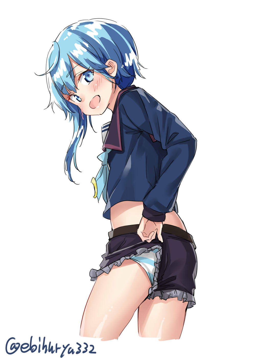 1girl ahoge asymmetrical_hair black_shorts blouse blue_blouse blue_eyes blue_hair blush crescent crescent_moon_pin ebifurya frilled_shorts frills highres kantai_collection looking_at_viewer minazuki_(kantai_collection) open_mouth panties school_uniform serafuku short_hair shorts shorts_lift simple_background solo striped striped_panties underwear upshorts white_background