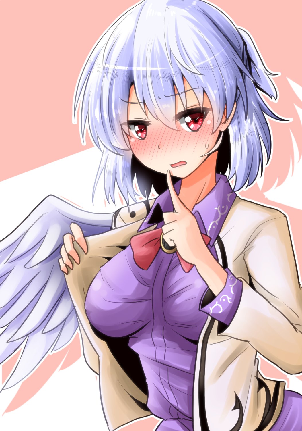 1girl blush breasts breasts_apart brooch collared_shirt commentary_request ear eyebrows_visible_through_hair finger_to_mouth highres jacket jewelry kishin_sagume large_breasts long_sleeves looking_at_viewer neck nose_blush open_mouth oshiaki purple_shirt red_eyes shirt short_hair shushing silver_hair single_wing solo sweatdrop touhou upper_body white_jacket wings