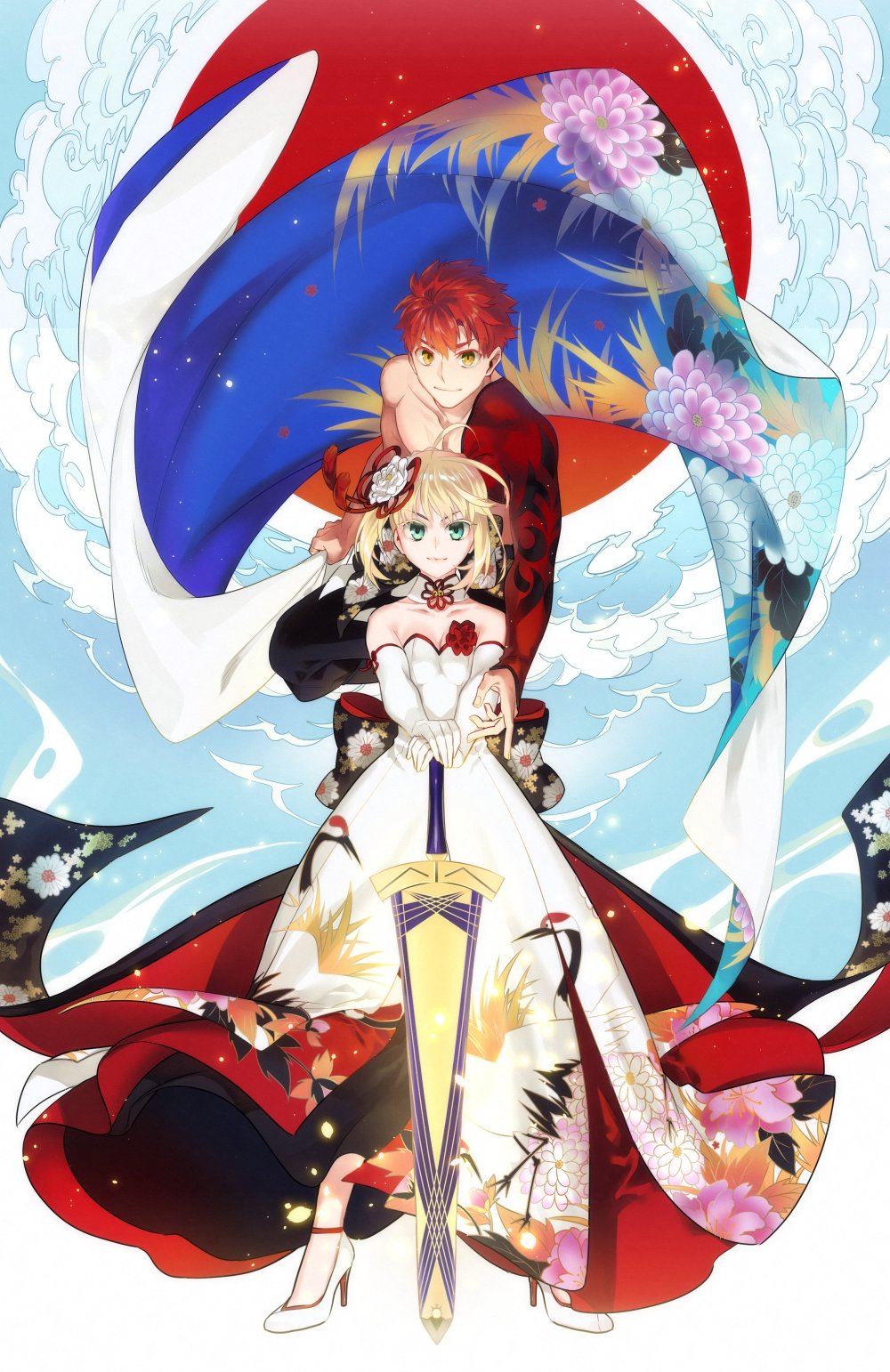 1boy 1girl artoria_pendragon_(all) blonde_hair braid cape clouds color_connection crossover dress elbow_gloves emiya_shirou excalibur fate/grand_order fate/stay_night fate_(series) flower french_braid gloves green_eyes hair_flower hair_ornament high_heels highres igote limited/zero_over orange_hair otama_(atama_ohanabatake) patterned_clothing red_sun saber white_dress white_footwear white_gloves yellow_eyes