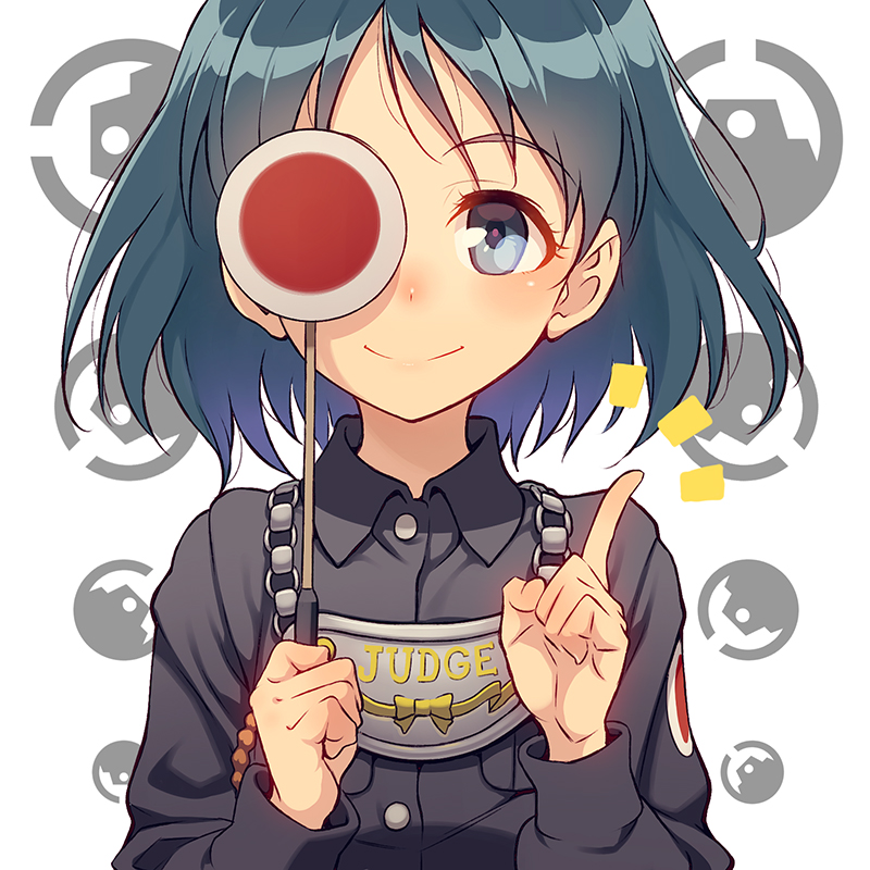 1girl bangs black_dress black_eyes black_hair closed_mouth collared_dress commentary dress emblem eyebrows_visible_through_hair girls_und_panzer holding inatomi_hibiki japanese_tankery_league_(emblem) judge long_sleeves looking_at_viewer medallion pairan pointing pointing_up portrait short_hair sign smile solo uniform wing_collar