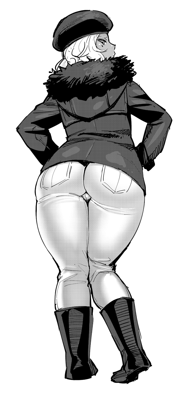 1girl ass boots elf-san_wa_yaserarenai. hands_on_hips hat highres kuroeda-san long_hair looking_at_viewer looking_back mole mole_under_eye monochrome simple_background solo synecdoche thick_thighs thighs white_background
