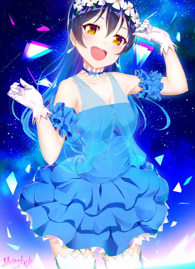 1girl arm_up bangs bare_shoulders blue_hair blush choker commentary_request cowboy_shot dress earrings eyebrows_visible_through_hair flower gloves hair_between_eyes hair_ornament head_wreath jewelry long_hair looking_at_viewer love_live! love_live!_school_idol_project marshall_(wahooo) open_mouth smile solo sonoda_umi thigh-highs white_gloves white_legwear yellow_eyes yume_no_tobira