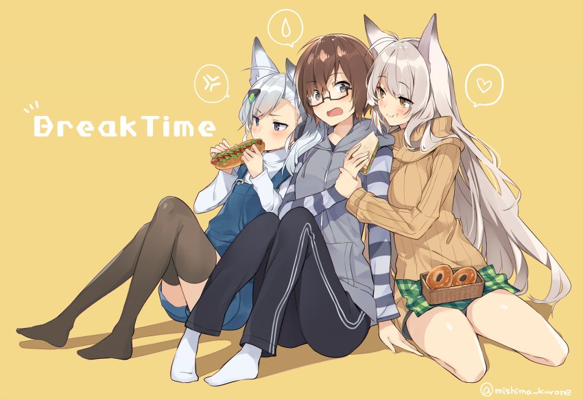 3girls ahoge animal_ears black_legwear blush brown_eyes brown_hair commentary_request doughnut eating food fox_ears girl_sandwich hand_grab heart holding holding_food hood hoodie hot_dog long_hair long_sleeves looking_at_another mishima_kurone multiple_girls no_shoes open_mouth original overalls platinum_blonde sandwich sandwiched seiza shadow short_hair silver_hair sitting spoken_heart sweater thigh-highs turtleneck turtleneck_sweater twitter_username white_legwear yellow_background