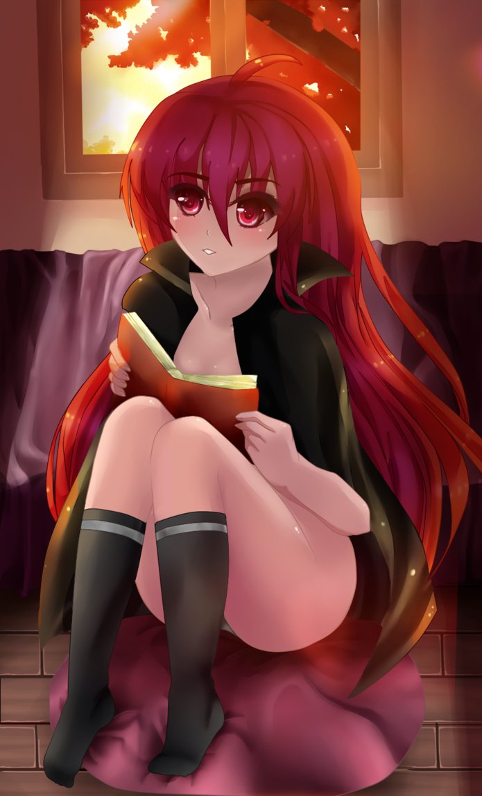 1girl @maya book cloak long_hair no_shirt reading red_eyes red_hair shakugan_no_shana shana sitting socks sunset tree window