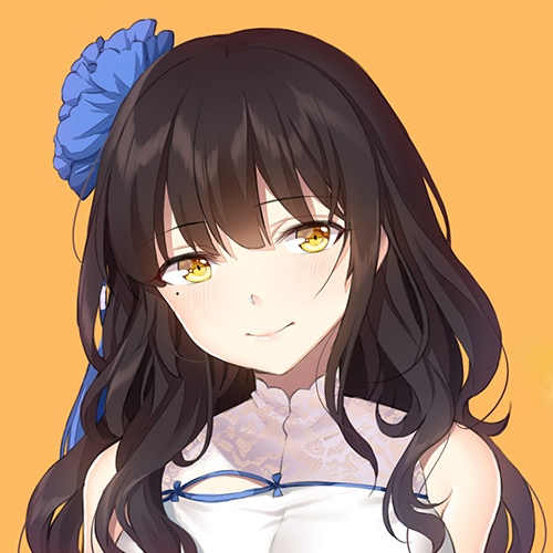 1girl bangs bare_shoulders blonde_hair blue_flower brown_background brown_eyes brown_hair closed_eyes dress eyebrows_visible_through_hair flower girls_frontline hair_between_eyes hair_flower hair_ornament head_tilt long_hair looking_at_viewer lowres mole mole_under_eye philomelalilium qbz-95_(girls_frontline) simple_background sleeveless sleeveless_dress smile solo white_dress