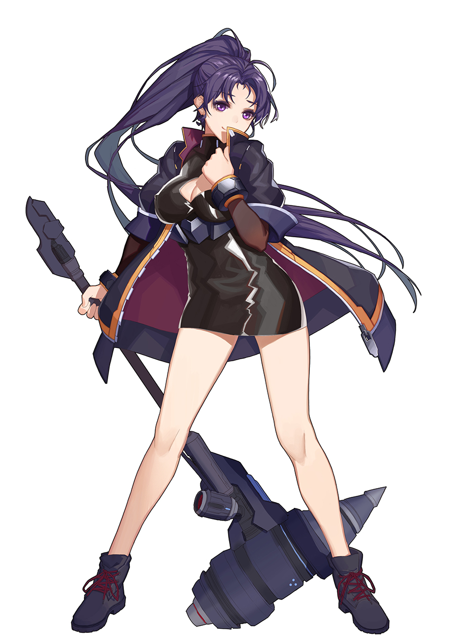 1girl ahoge bangs black_dress boots breasts cleavage cleavage_cutout collar contrapposto dress erect_nipples eyebrows_visible_through_hair full_body hammer highres jacket large_breasts long_hair looking_at_viewer open_clothes open_jacket original parted_bangs ponytail purple_hair short_dress short_over_long_sleeves solo standing underbust very_long_hair violet_eyes white_background youxuemingdie