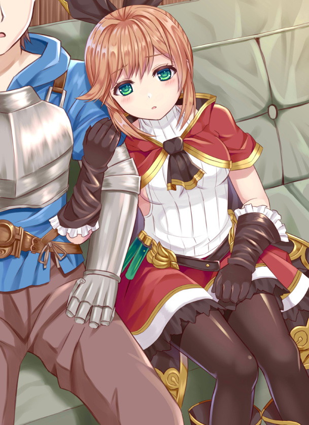 1boy 1girl arm_hug bangs black_bow black_footwear black_gloves black_legwear blue_shirt blush boots bow breasts brown_hair brown_pants cape character_request clarisse_(granblue_fantasy) commentary_request couch elbow_gloves eyebrows_visible_through_hair gauntlets gloves granblue_fantasy green_eyes hair_bow hood hood_down long_sleeves medium_breasts on_couch pants pantyhose parted_lips red_cape red_skirt ribbed_shirt shirt short_hair sidelocks sitting skirt solo_focus thighband_pantyhose tsukino_neru white_shirt