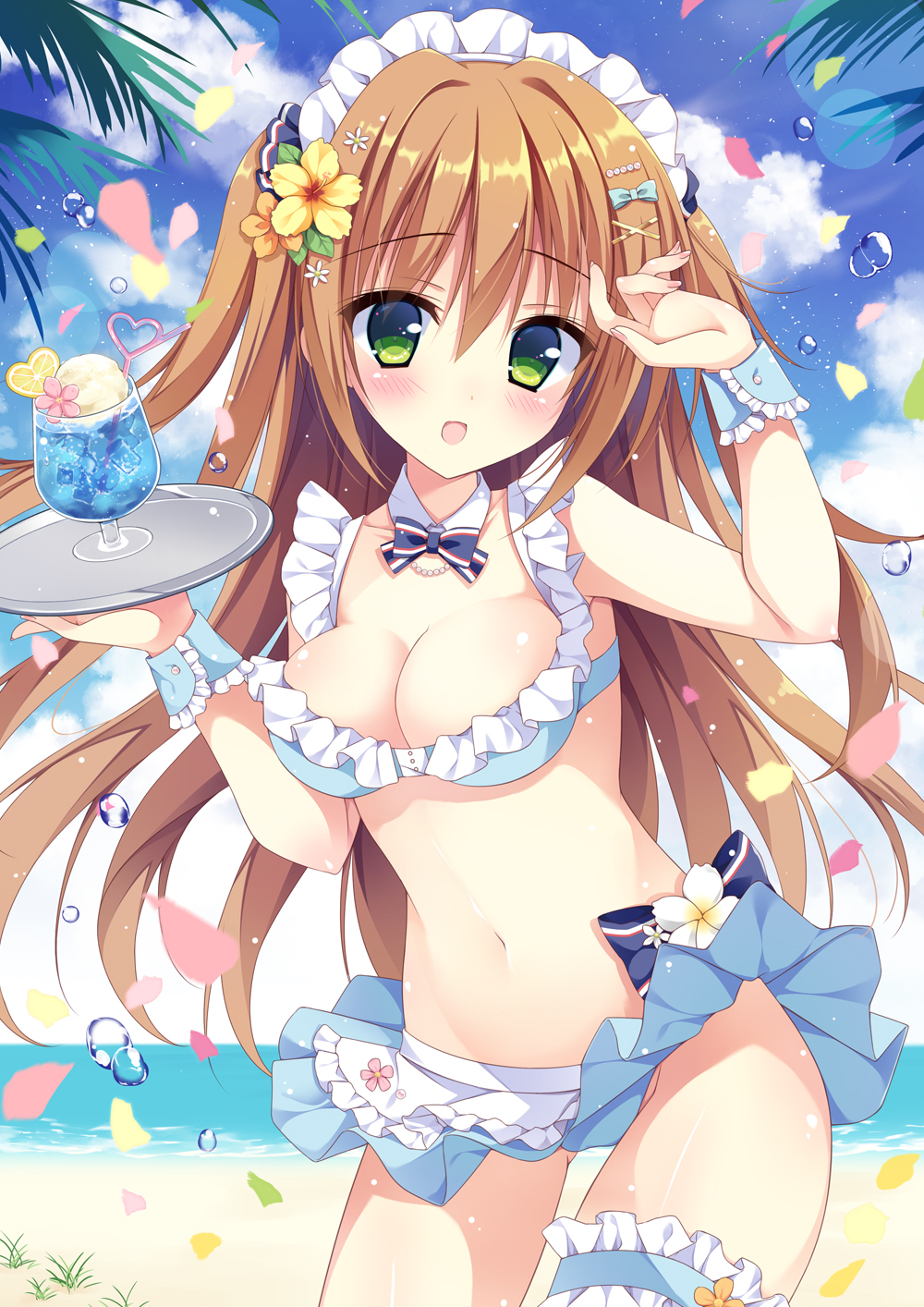 1girl :d apron arm_up bangs beach bikini bikini_skirt blue_bikini blue_bow blue_sky blush bow breasts brown_hair cleavage clouds cloudy_sky collarbone commentary_request day detached_collar drink drinking_straw eyebrows_visible_through_hair fingernails flower frilled_apron frills green_eyes hair_between_eyes hair_bow hair_flower hair_ornament hairclip heart_straw highres holding holding_tray izuminanase long_hair looking_at_viewer maid medium_breasts moe2018 nail_polish ocean open_mouth orange_flower original outdoors petals pink_nails sand sky smile solo swimsuit tray very_long_hair waist_apron water water_drop white_apron white_collar wrist_cuffs x_hair_ornament yellow_flower