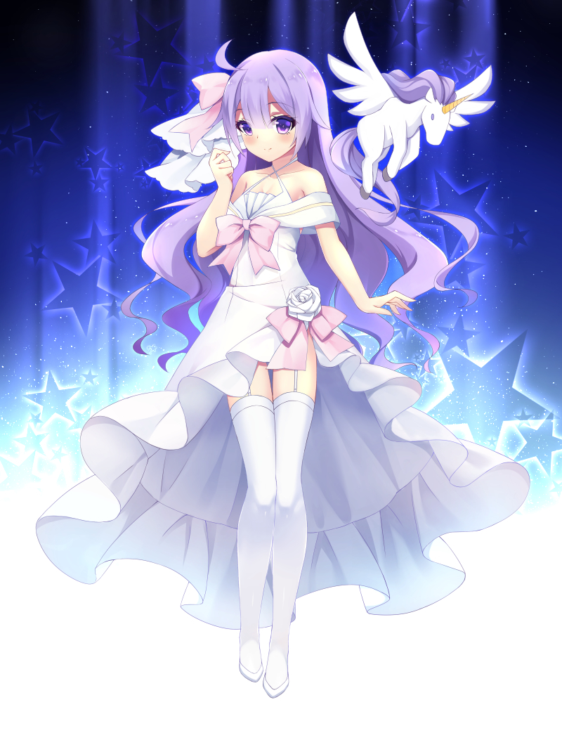 1girl alicorn animal azur_lane bangs bare_shoulders blush bow bride closed_mouth collarbone commentary_request criss-cross_halter dress eyebrows_visible_through_hair flower garter_straps hair_between_eyes halterneck lingsexuanlv off-shoulder_dress off_shoulder pink_bow purple_hair rose shoes smile solo star starry_background thigh-highs unicorn_(azur_lane) violet_eyes wedding_dress white_dress white_flower white_footwear white_legwear white_rose