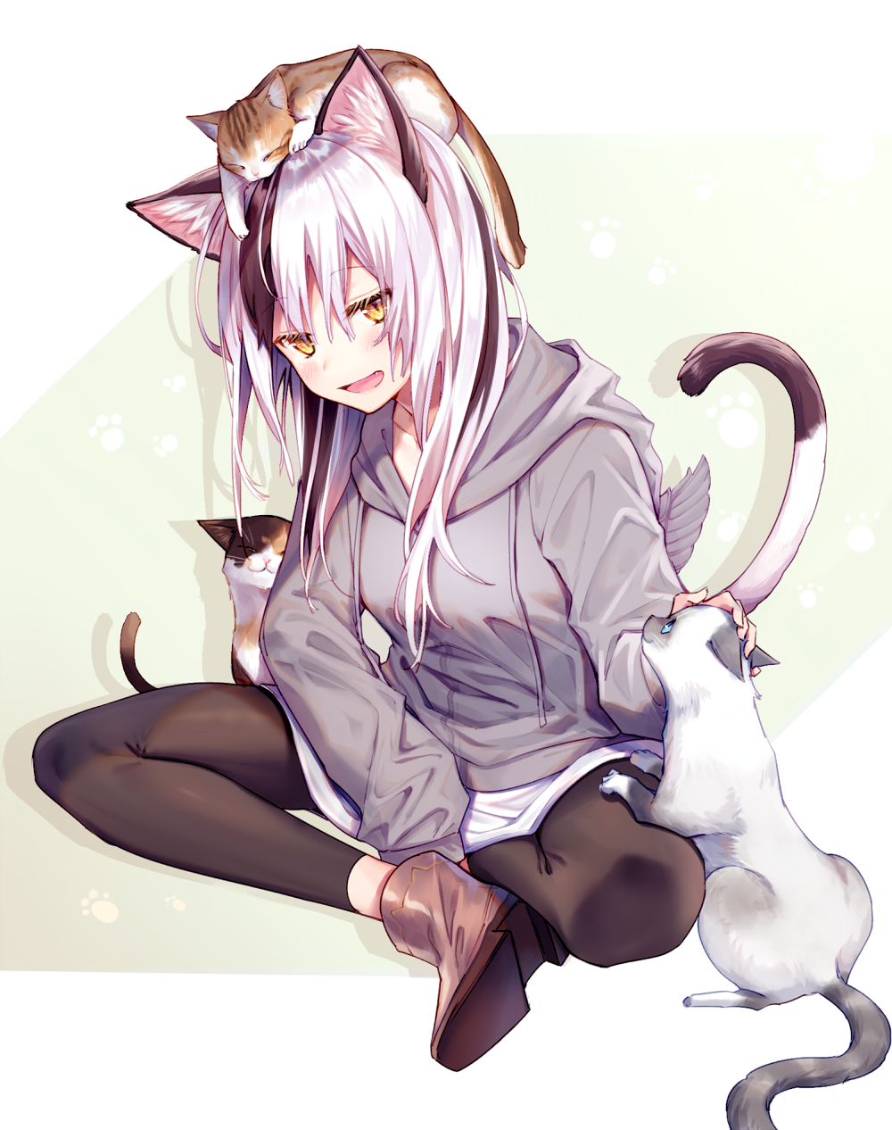 1girl animal animal_ears animal_on_head black_hair black_pants blush brown_footwear cat cat_ears cat_on_head cat_tail commentary_request eyebrows_visible_through_hair fang full_body grey_hoodie highres hood hood_down long_hair long_sleeves on_head open_mouth original pants patting paw_print sitting skirt slit_pupils smile solo tail white_hair white_skirt yellow_eyes yuya_(night_lily)