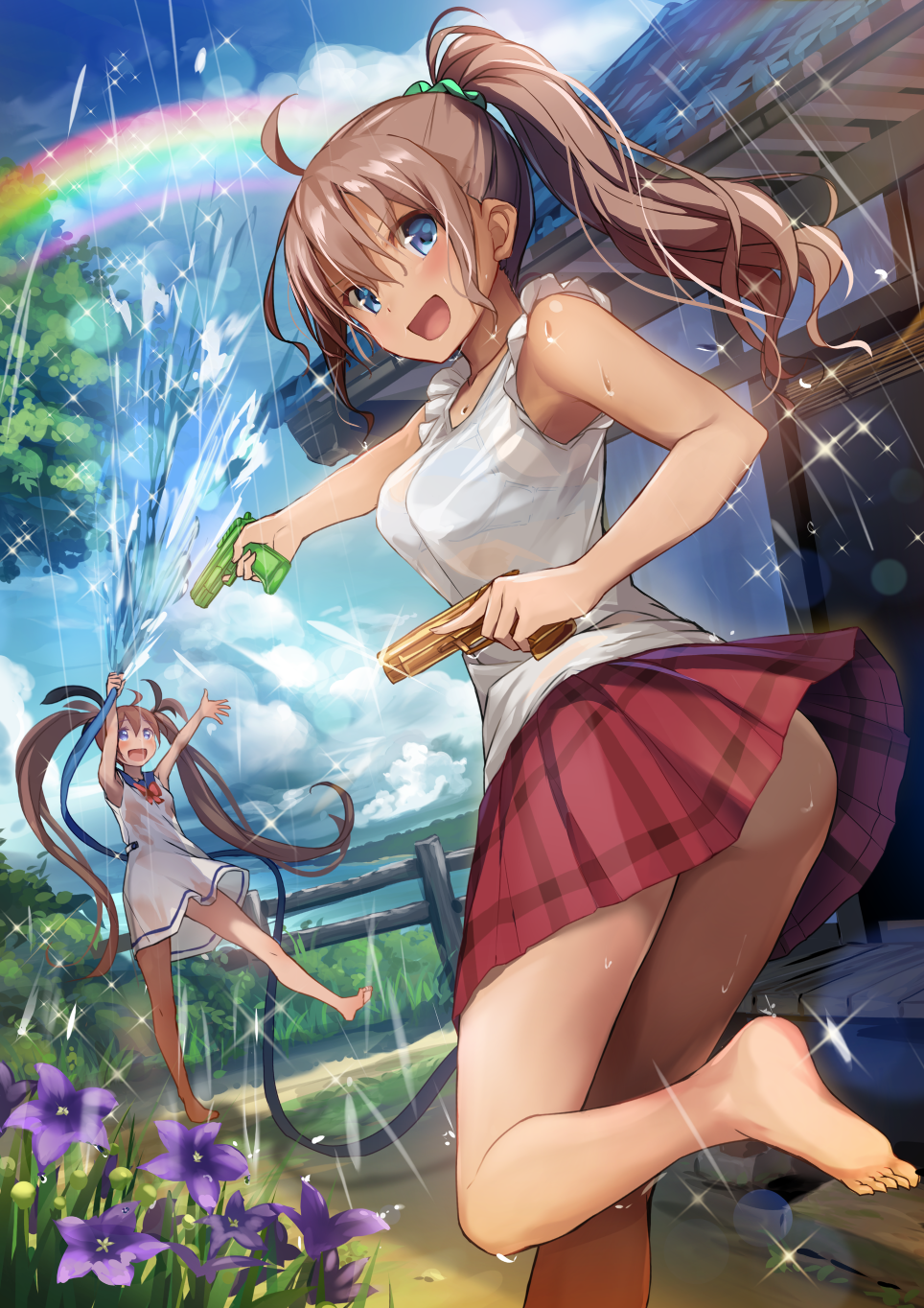 2girls :d ahoge ass bare_arms bare_legs bare_shoulders barefoot blue_bra blue_sky blush bow bra breasts brown_hair building cleavage clouds dark_skin day detached_sleeves dress dual_persona fence flower grass hair_ornament hair_scrunchie highres holding hose house leg_up long_hair medium_breasts moe2018 multiple_girls open_mouth original plaid plaid_skirt ponytail purple_flower red_bow red_skirt scrunchie see-through shirt skirt sky sleeveless sleeveless_dress sleeveless_shirt smile sparkle standing standing_on_one_leg tree twintails underwear upskirt v-shaped_eyebrows very_long_hair water water_gun wet wet_hair white_dress yuuki_yuu