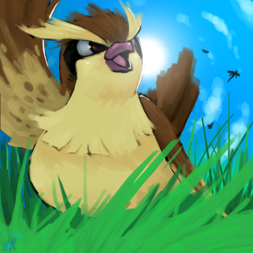 bird blue_sky brown_eyes clouds commentary creature dragonfly grass insect looking_away looking_back looking_up lowres no_humans pidgey pokemon pokemon_(creature) pokemon_(game) pokemon_rgby rock-bomber sky solo sun