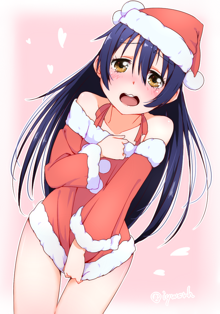 1girl bangs bare_shoulders blue_hair christmas commentary_request covering cowboy_shot detached_sleeves embarrassed eyebrows_visible_through_hair fur_trim hair_between_eyes hat long_hair looking_at_viewer love_live! love_live!_school_idol_project no_pants open_mouth santa_costume santa_hat sesese_(iywsrh) shirt_tug simple_background solo sonoda_umi wavy_mouth yellow_eyes