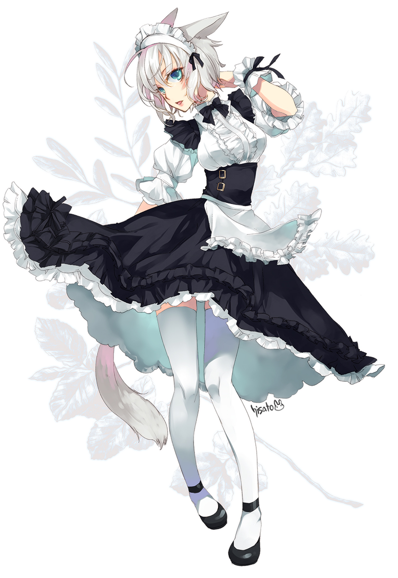 1girl animal_ears blue_eyes cat_ears cat_tail facial_mark final_fantasy final_fantasy_xiv full_body hisato_ar looking_at_viewer maid maid_headdress miqo'te open_mouth short_hair signature simple_background solo tail thigh-highs white_hair wrist_cuffs