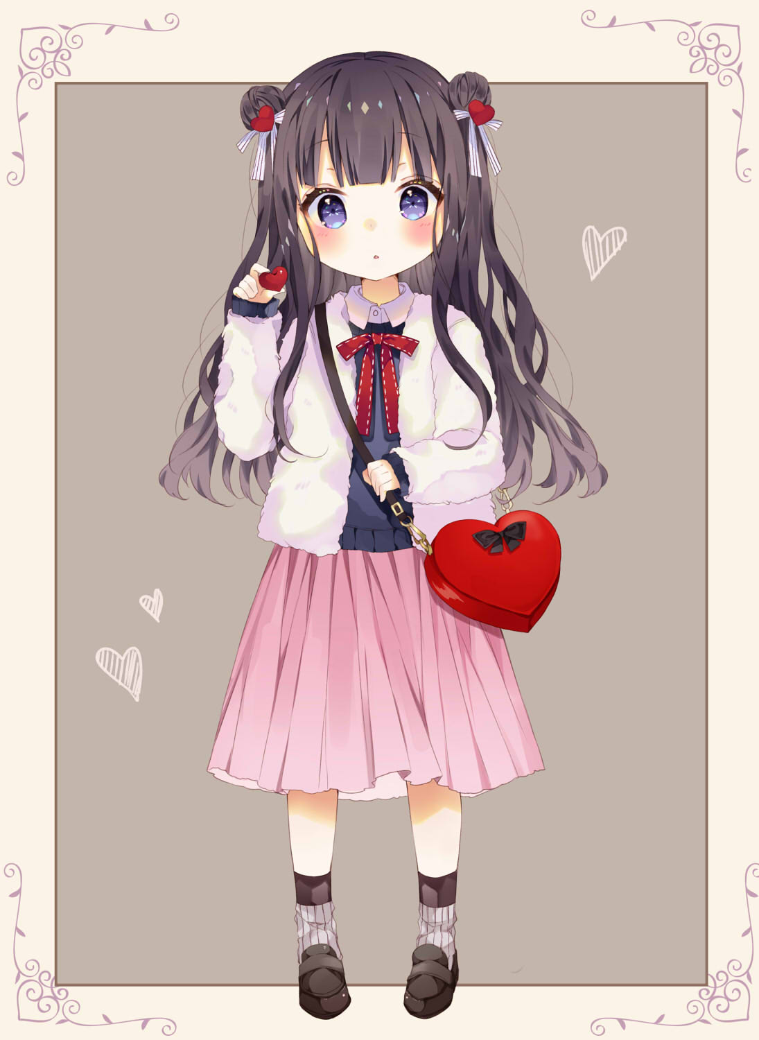 1girl bag bangs black_footwear blue_cardigan blue_eyes blush brown_hair chico152 collared_shirt commentary_request double_bun eyebrows_visible_through_hair full_body hair_ornament head_tilt heart heart-shaped_bag heart_hair_ornament highres holding holding_heart jacket loafers long_hair long_sleeves looking_at_viewer loose_socks original parted_lips pink_skirt shirt shoes shoulder_bag side_bun skirt sleeves_past_wrists socks solo standing white_jacket white_legwear white_shirt