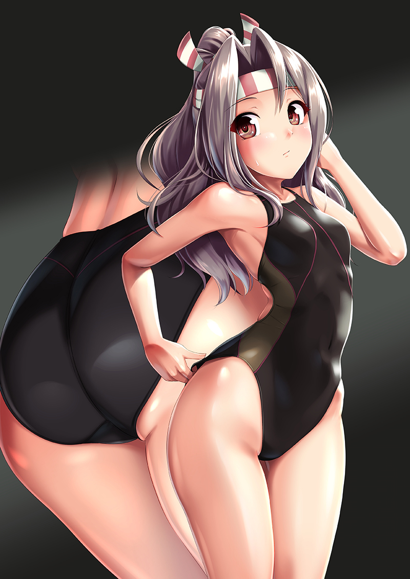 1girl 8000 adjusting_clothes adjusting_swimsuit ass black_background black_swimsuit breasts brown_eyes closed_mouth commentary_request competition_swimsuit cowboy_shot gradient gradient_background grey_hair hachimaki headband high_ponytail highleg highleg_swimsuit kantai_collection long_hair multiple_views one-piece_swimsuit ponytail small_breasts standing sweatdrop swimsuit thigh_gap zuihou_(kantai_collection)