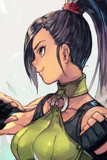 1girl bangs black_hair breasts closed_mouth collar dragon_quest dragon_quest_xi from_side green_collar hankuri long_hair martina_(dq11) ponytail simple_background solo tied_hair