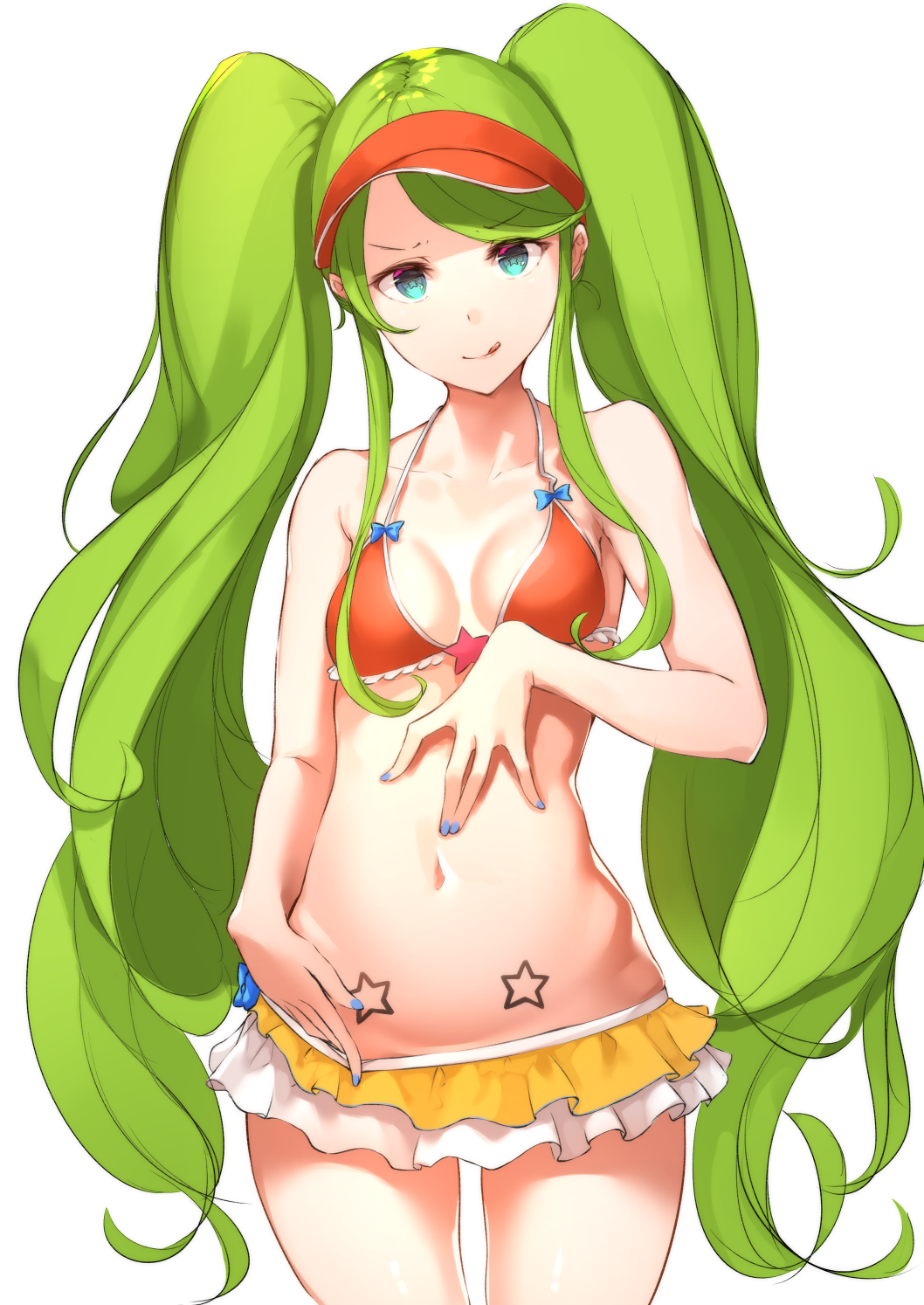1girl :q aqua_eyes bikini_top blue_nails breasts character_request green_hair highres long_hair looking_at_viewer medium_breasts monster_strike nail_polish navel ohana_san simple_background solo star_tattoo stomach_tattoo tattoo tongue tongue_out twintails very_long_hair visor_cap white_background