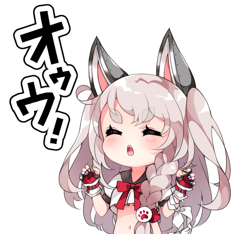 1girl animal_ears azur_lane bangs blue_nails blush bow braid breasts closed_eyes commentary_request crop_top eyebrows_visible_through_hair facing_viewer fang fingerless_gloves gloves hair_ornament hands_up long_hair medium_breasts multicolored multicolored_nail_polish nail_polish open_mouth pikomarie pink_nails puffy_short_sleeves puffy_sleeves red_bow red_gloves red_nails shirt short_sleeves side_braid silver_hair simple_background solo thick_eyebrows translated v-shaped_eyebrows very_long_hair white_background white_shirt wolf_ears yellow_nails yuudachi_(azur_lane)