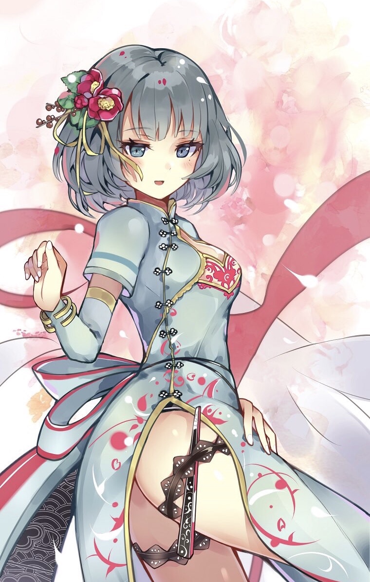 1girl :d bangle bangs blue_dress blunt_bangs blush bracelet breasts cleavage_cutout closed_fan detached_sleeves dress eyebrows_visible_through_hair fan flower folding_fan from_side grey_eyes grey_hair hair_flower hair_ornament hanakanzarashi hand_on_own_thigh heterochromia idolmaster idolmaster_cinderella_girls jewelry looking_at_viewer looking_to_the_side medium_breasts mole mole_under_eye multicolored multicolored_background open_mouth pelvic_curtain pink_flower print_dress short_hair short_sleeves smile solo takagaki_kaede thigh_strap thighs tsurime