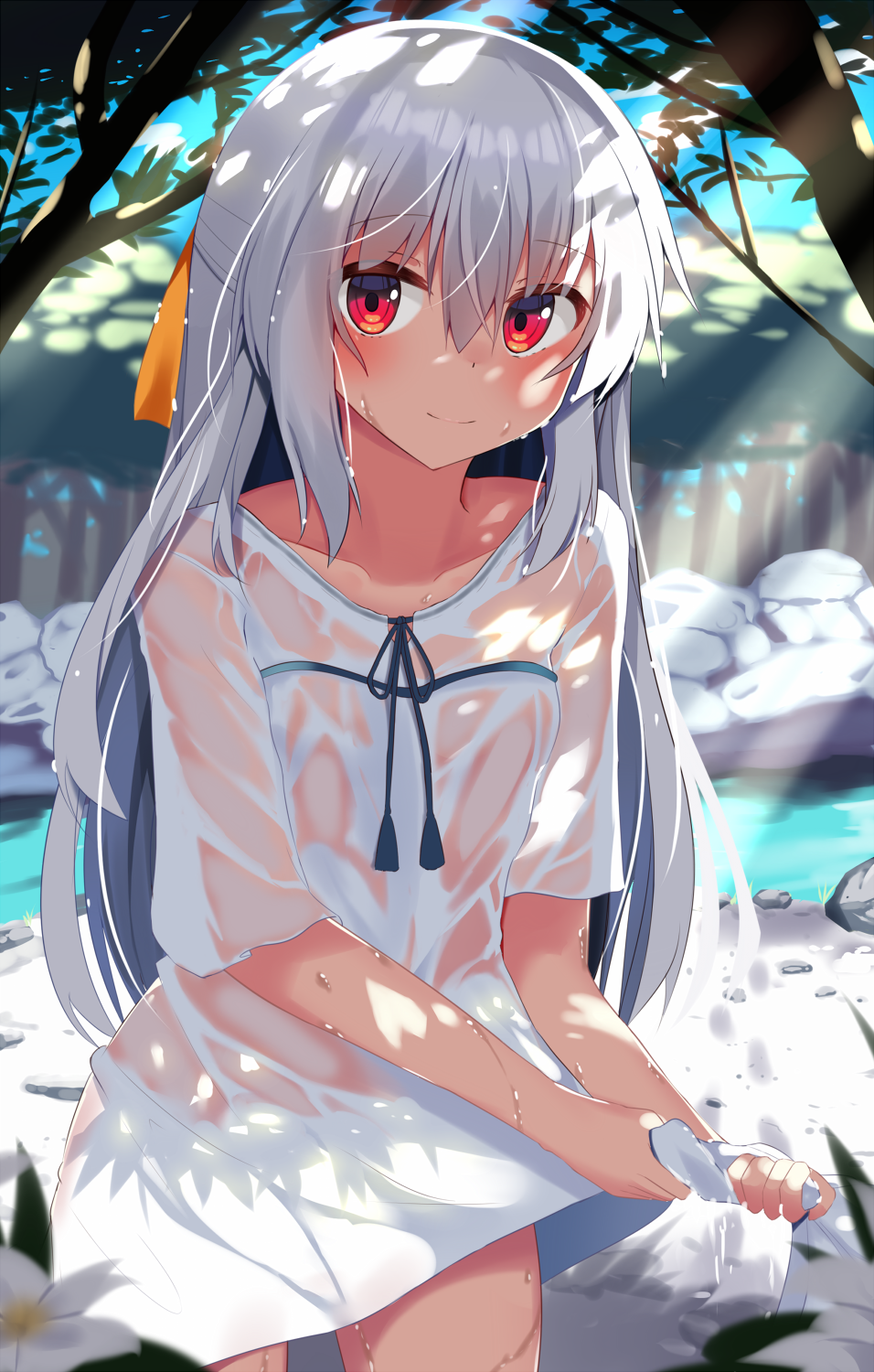 1girl bangs blue_ribbon blurry blush closed_mouth collarbone cowboy_shot dappled_sunlight day depth_of_field dress dripping eyebrows_visible_through_hair flat_chest highres looking_at_viewer moe2018 no_bra original outdoors red_eyes ribbon river rock ryu_narb see-through shore short_sleeves silver_hair smile solo standing sunlight tareme tree under_tree water wet wet_clothes wet_dress white_dress wringing wringing_clothes wringing_dress