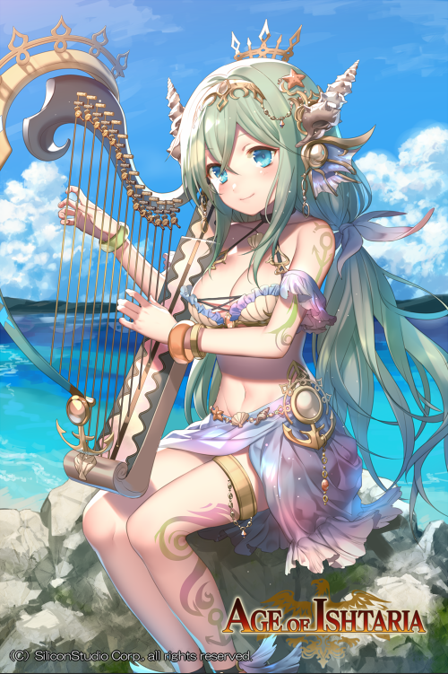 1girl age_of_ishtaria bare_shoulders beach blue_eyes bracelet breasts cleavage company_name copyright_name green_hair harp instrument jewelry kikugetsu long_hair low_twintails midriff navel official_art rock shell siren_(age_of_ishtaria) sitting sky solo star tattoo twintails water