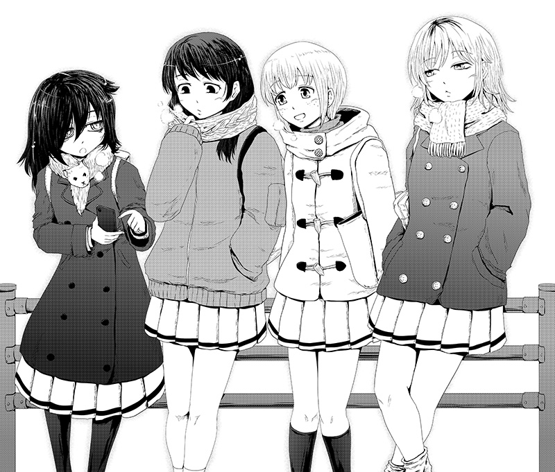 4girls :&lt; :d breath cellphone commentary_request duffel_coat freckles hand_in_pocket hands_in_pockets kneehighs kuroki_tomoko loose_socks medium_hair monochrome multiple_girls open_mouth pantyhose phone pointing railing scarf school_uniform short_hair smartphone smile socks tamura_yuri tanaka_mako watashi_ga_motenai_no_wa_dou_kangaetemo_omaera_ga_warui! yokochou yoshida_masaki