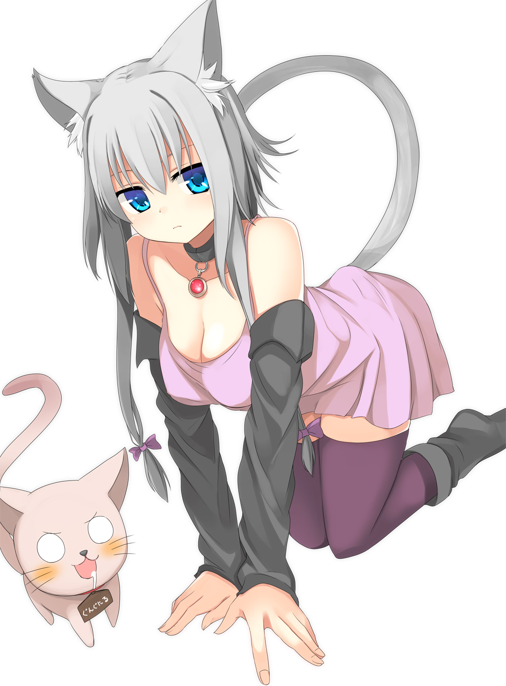 1girl animal_ears arm_support bangs bare_shoulders black_neckwear blue_eyes boots bow breasts cat cat_ears cat_tail choker closed_mouth commentary_request detached_sleeves dress feet_out_of_frame grey_hair hair_between_eyes hair_bow highres kneeling looking_at_viewer mahcdai medium_breasts medium_hair original pink_dress purple_legwear saliva sleeveless tail thigh-highs twintails white_background
