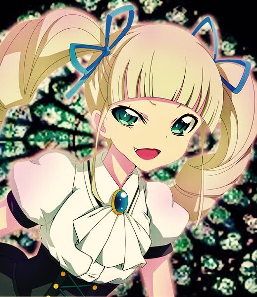 1girl aikatsu! blonde_hair drill_hair fang gothic_lolita green_eyes hair_ribbon lolita_fashion long_hair looking_at_viewer mitsuba-sama_(milkba-ng) open_mouth ribbon smile toudou_yurika twin_drills twintails