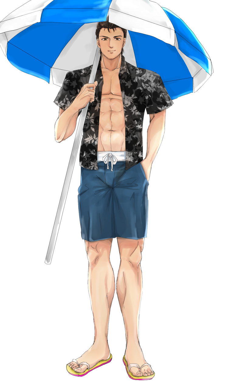 1boy abs alternate_costume black_hair brown_eyes fire_emblem fire_emblem:_thracia_776 fire_emblem_heroes full_body highres male_focus navel parasol pink_dynamite09 reinhardt_(fire_emblem) sandals shirtless simple_background solo swimsuit umbrella white_background