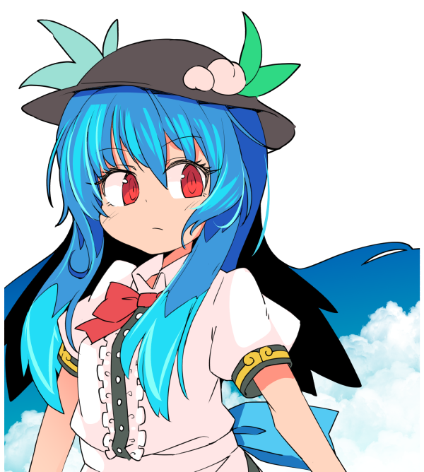 1girl black_hat blue_hair buttons center_frills closed_mouth clouds commentary_request eyebrows_visible_through_hair food fruit hat hinanawi_tenshi ini_(inunabe00) leaf long_hair looking_at_viewer peach red_eyes shirt short_sleeves sky solo touhou upper_body white_shirt