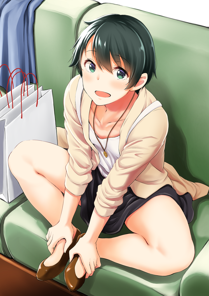 1girl :d bag bangs bare_legs black_skirt blazer blush brown_footwear collarbone couch eyebrows_visible_through_hair from_above green_eyes green_hair hands_on_own_feet indian_style jacket jewelry kantai_collection long_sleeves looking_at_viewer looking_up mogami_(kantai_collection) necklace no_socks on_couch open_clothes open_jacket open_mouth pendant shiny shiny_hair shirt shopping_bag short_hair sitting skirt sleeves_pushed_up smile solo spread_legs tareme white_shirt yammy yellow_jacket