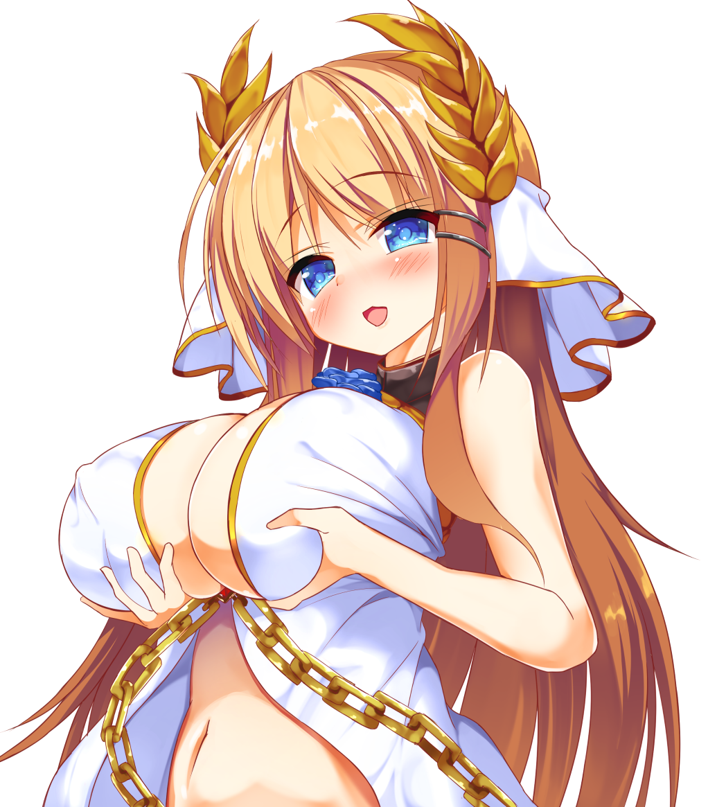 1girl azur_lane bangs bare_shoulders blonde_hair blue_eyes blush breasts chains cleavage commentary erect_nipples eyebrows_visible_through_hair flower_ornament grabbing_own_breast hair_ornament kuro75268 large_breasts laurel_crown long_hair looking_at_viewer navel open_mouth self_fondle sleeveless solo upper_body veil victorious_(azur_lane)