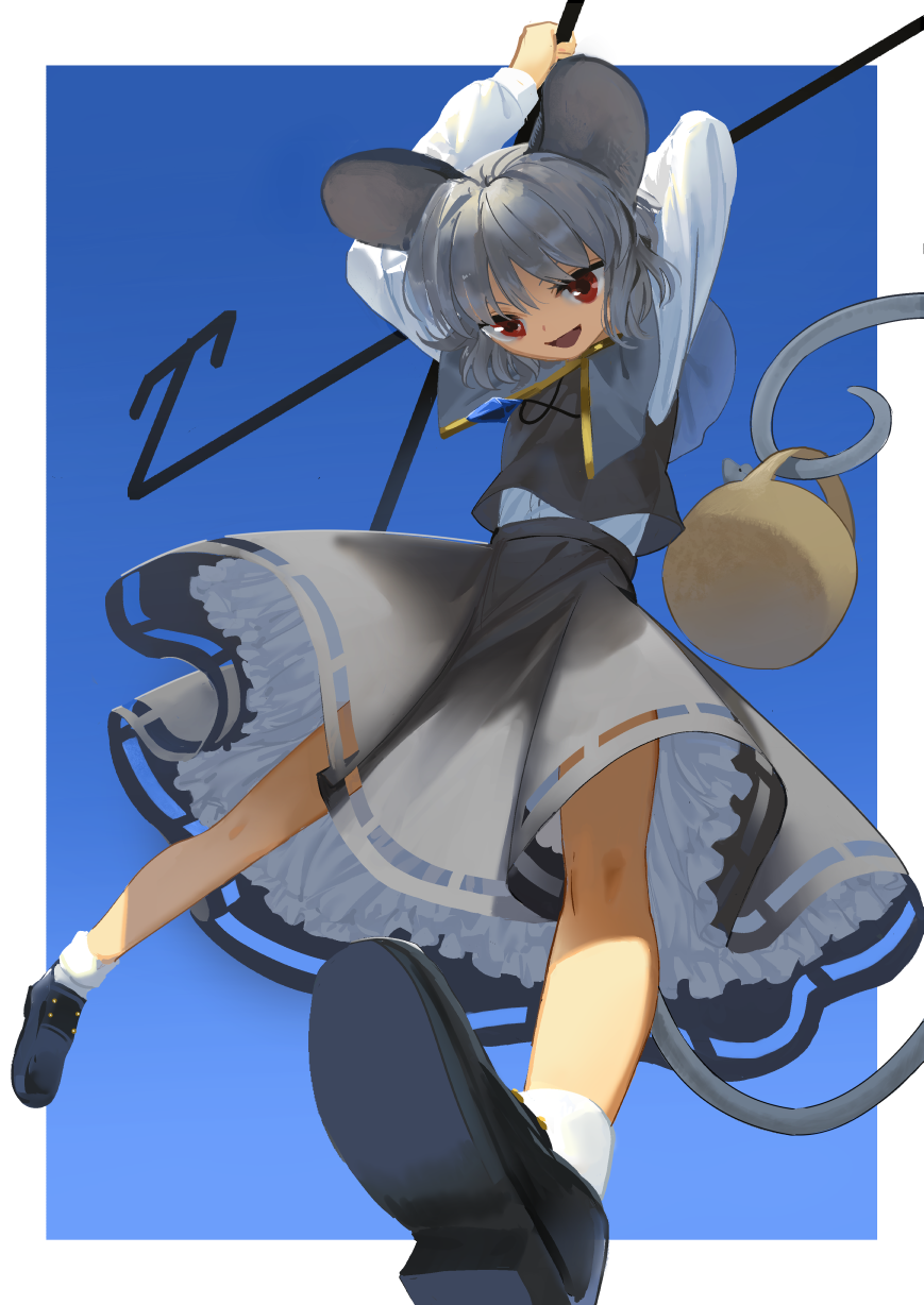 1girl animal_ears basket capelet dowsing_rod grey_hair highres jewelry looking_at_viewer mouse mouse_ears mouse_tail nazrin open_mouth red_eyes short_hair skirt smile solo suna_(s73d) tail touhou