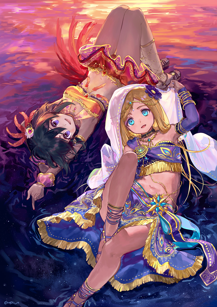 2girls :d ainy77 aqua_eyes armpits bare_shoulders black_hair blonde_hair blue_skirt blush bracelet choker dancer dark_skin feathers flower hair_flower hair_ornament highres idolmaster idolmaster_cinderella_girls idolmaster_cinderella_girls_starlight_stage jewelry layla_(idolmaster) long_hair looking_at_viewer midriff multiple_girls nail_polish natalia_(idolmaster) navel open_mouth orange_skirt reflection sandals short_hair skirt sky smile star_(sky) starry_sky sunset veil violet_eyes water