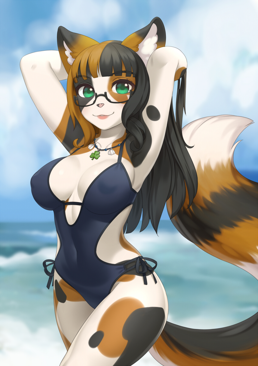 1girl :3 animal_ears animal_nose arms_behind_head bangs beach black-framed_eyewear black_hair blunt_bangs breasts brown_hair cleavage cristalavi erect_nipples furry green_eyes highres jewelry large_breasts long_hair looking_at_viewer melody_(mellybyte) multicolored_hair necklace ocean one-piece_swimsuit original seashell semi-rimless_eyewear shell side-tie_swimsuit swimsuit tail two-tone_hair under-rim_eyewear