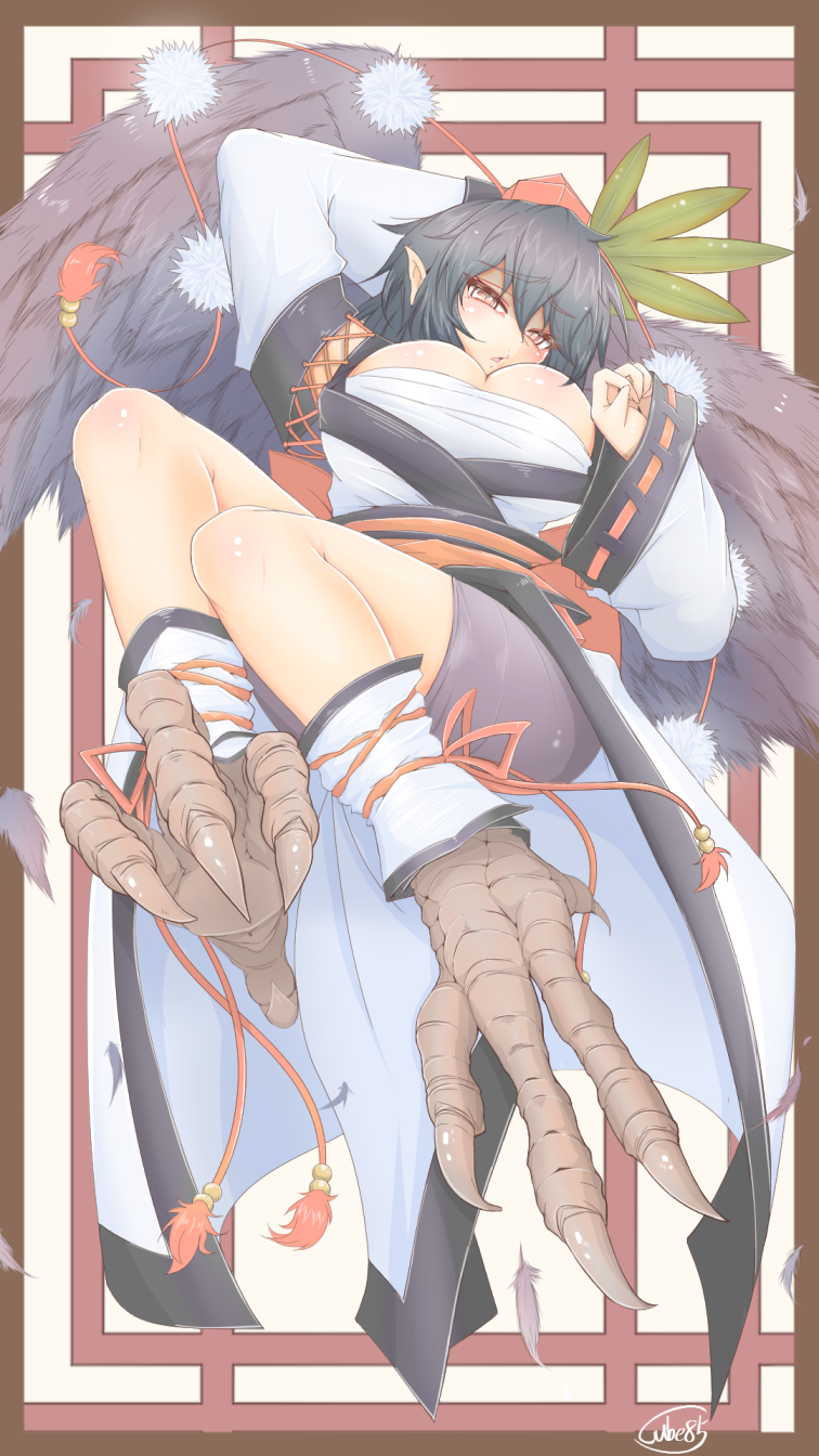 1girl animal_feet ankle_cuffs arm_behind_head artist_name bike_shorts black_hair black_shorts black_wings breasts cleavage commentary_request crow_feet cube85 detached_sleeves fan feathers hat highres japanese_clothes kimono kourindou_tengu_costume large_breasts leaf leaf_fan looking_at_viewer obi parted_lips pointy_ears pom_pom_(clothes) red_eyes sarashi sash shameimaru_aya short_hair shorts slit_pupils solo talons tokin_hat touhou white_kimono white_sleeves wings