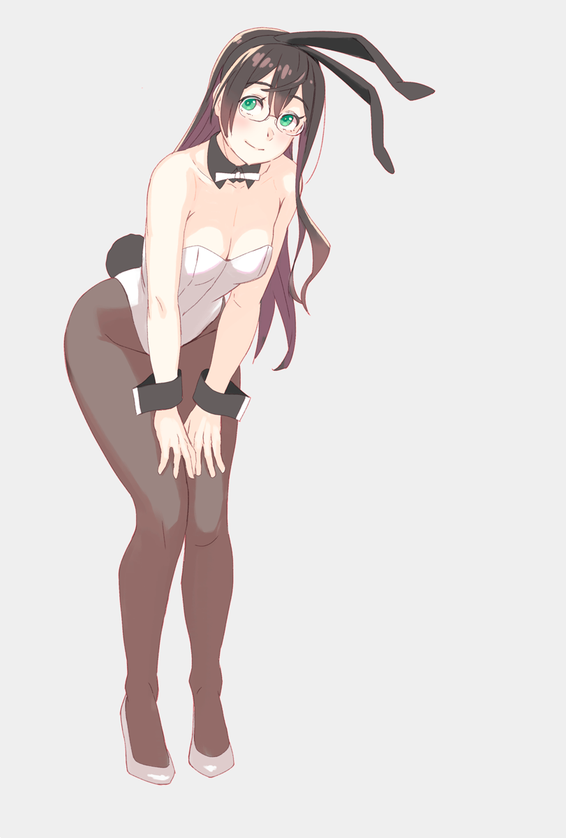 1girl alternate_costume animal_ears bangs bare_arms bare_shoulders bent_over black_hair black_hairband bow bowtie breasts brown_legwear bunny_tail bunnysuit cleavage collarbone detached_collar fake_animal_ears fake_tail full_body glasses gradient_hair green_eyes grey_background grey_footwear hairband hands_on_own_thighs highlights highres kantai_collection leaning_forward leotard long_hair looking_at_viewer multicolored_hair ooyodo_(kantai_collection) pantyhose purple_hair rabbit_ears semi-rimless_eyewear shoes simple_background small_breasts smile solo standing strapless strapless_leotard tail white_background white_leotard white_neckwear wrist_cuffs yuuji_(and)