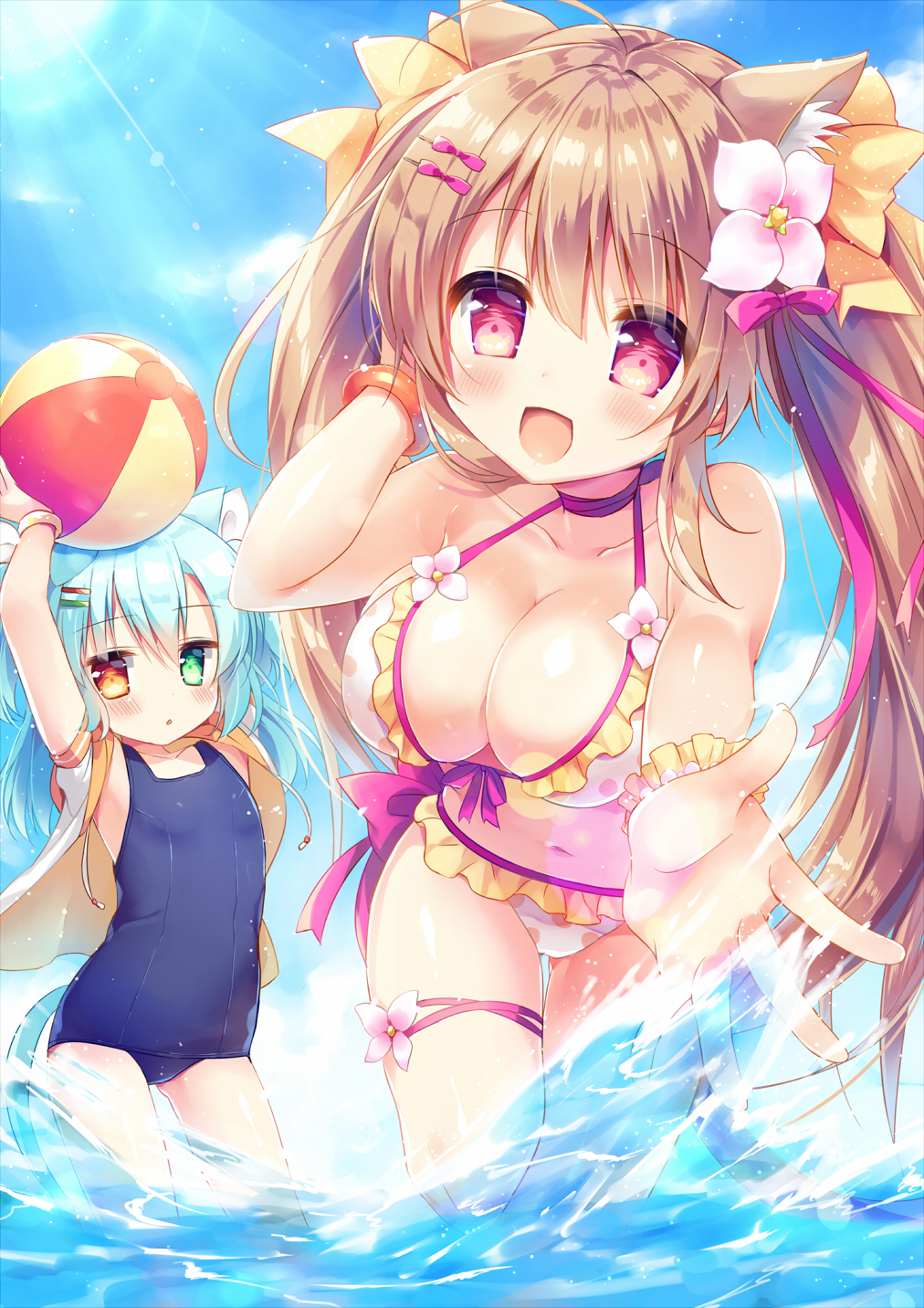 2girls ahoge animal_ears ball bikini blue_eyes blue_hair blue_swimsuit blush bow bracelet breasts cat_ears cleavage collarbone day eyebrows_visible_through_hair flower frilled_bikini frills front-tie_top green_eyes hair_ornament hairclip heterochromia highres jacket jewelry large_breasts light_brown_hair light_particles long_hair looking_at_viewer multiple_girls natsuki_marina open_clothes open_jacket open_mouth orange_bow orange_eyes original pink_bow pink_eyes pink_flower pink_ribbon ribbon shiny shiny_hair shiny_skin side-tie_bikini small_breasts swimsuit white_bow